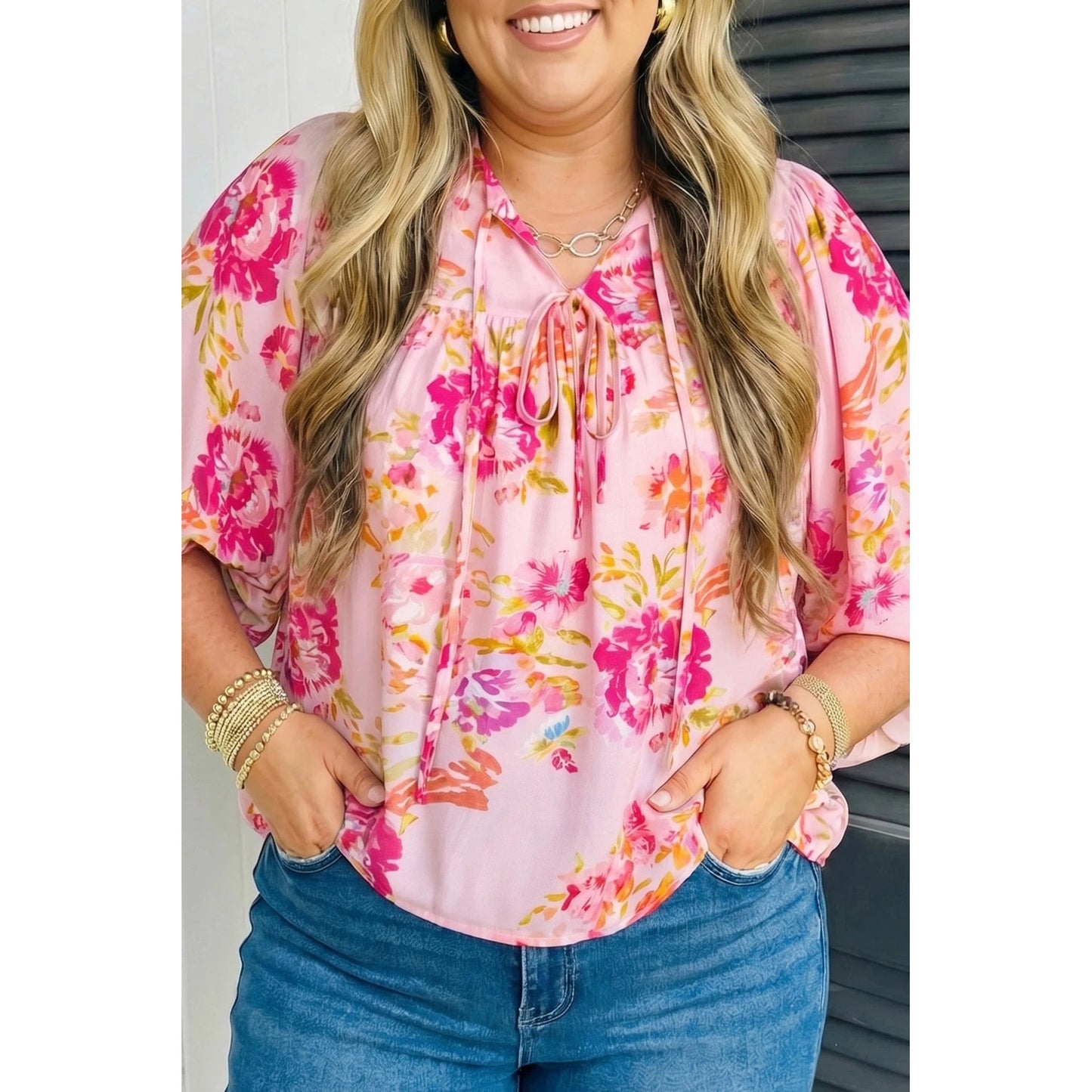 Cheza Pink Plus Size Floral Print V Neck Tie Front Short Sleeve Tunic Top