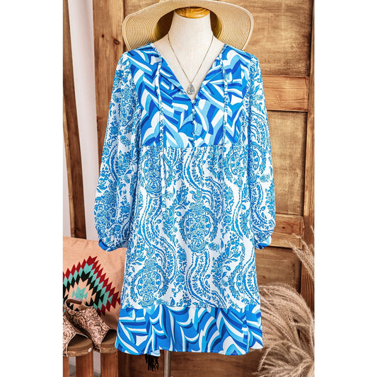 Chi Sky Blue Bohemian Print Puff Sleeve Tied V Neck Flared Mini Dress