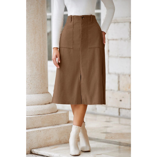 Chi Coffee Front Slit Shift High Waist Midi Skirt