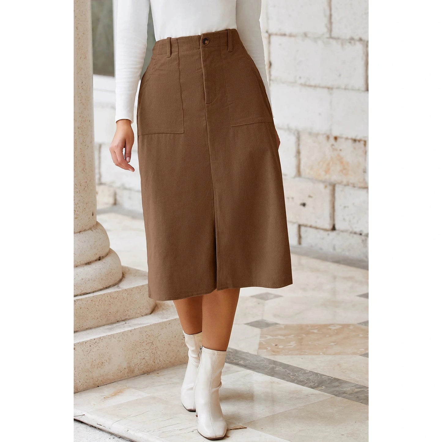 Chi Coffee Front Slit Shift High Waist Midi Skirt