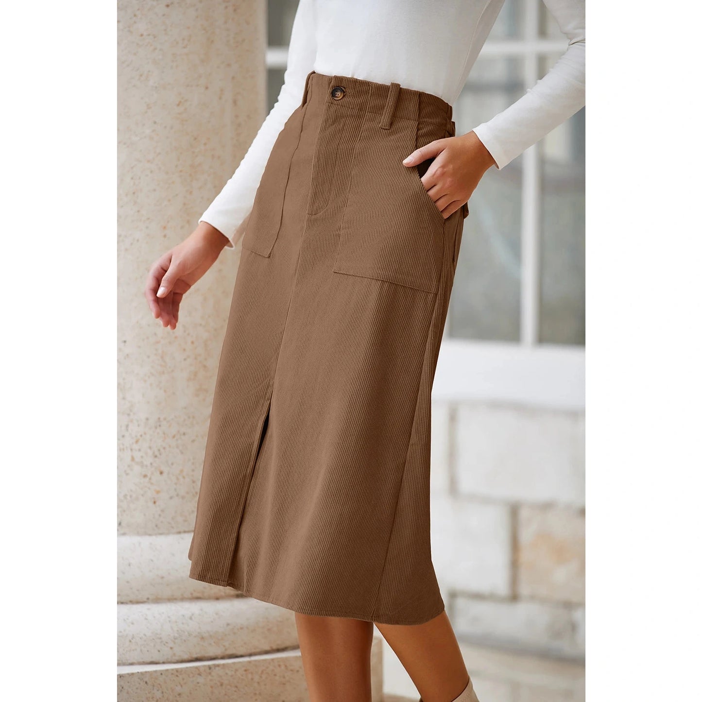 Chi Coffee Front Slit Shift High Waist Midi Skirt