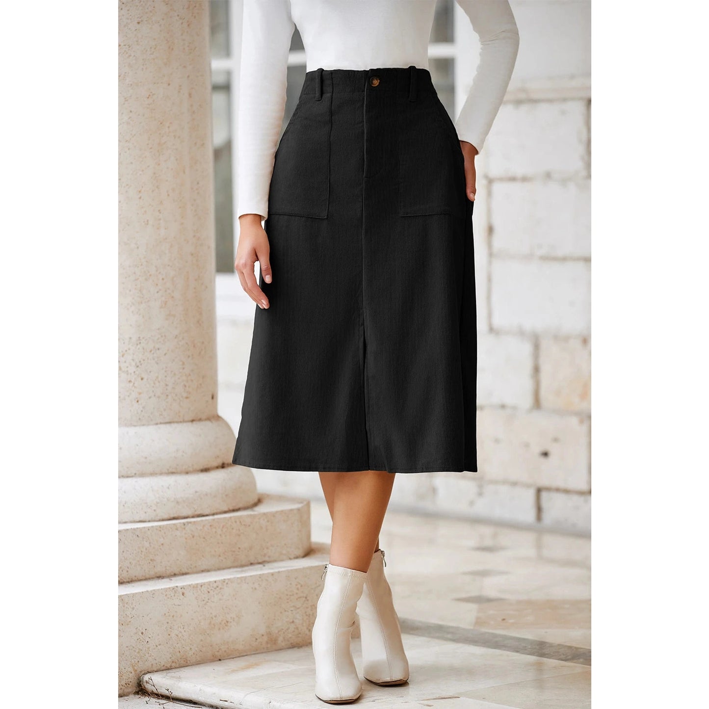 Chi Black Front Slit Shift High Waist Midi Skirt