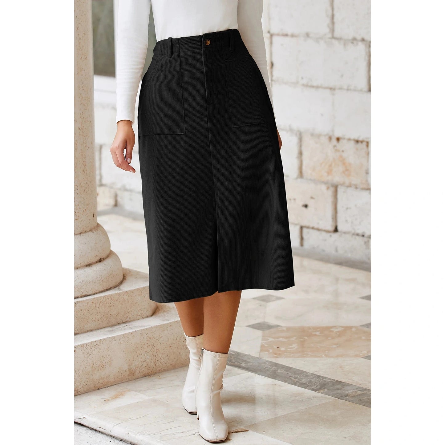 Chi Black Front Slit Shift High Waist Midi Skirt
