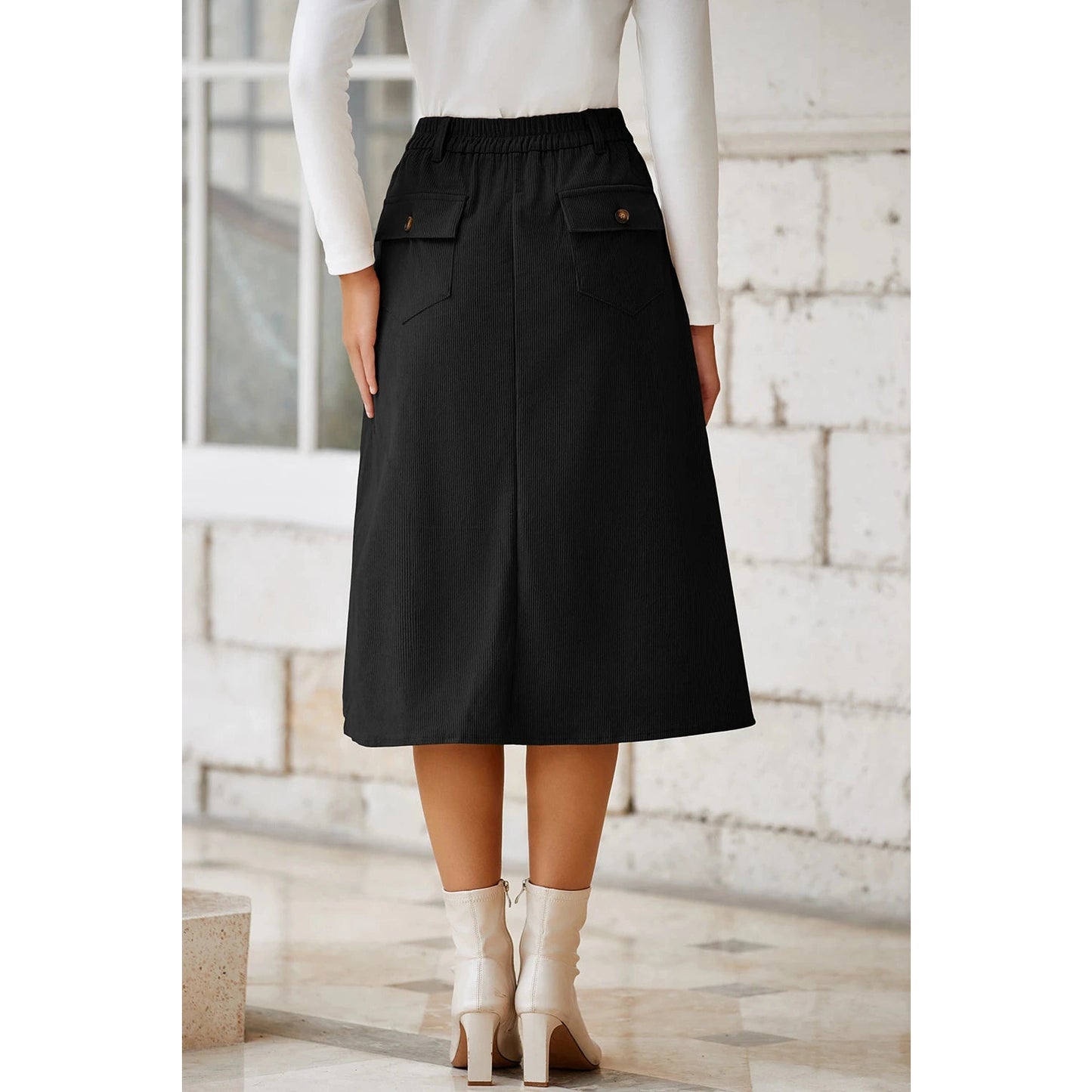 Chi Black Front Slit Shift High Waist Midi Skirt
