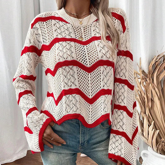 Christina Red Wave Pattern Bell Sleeve Knit Sweater