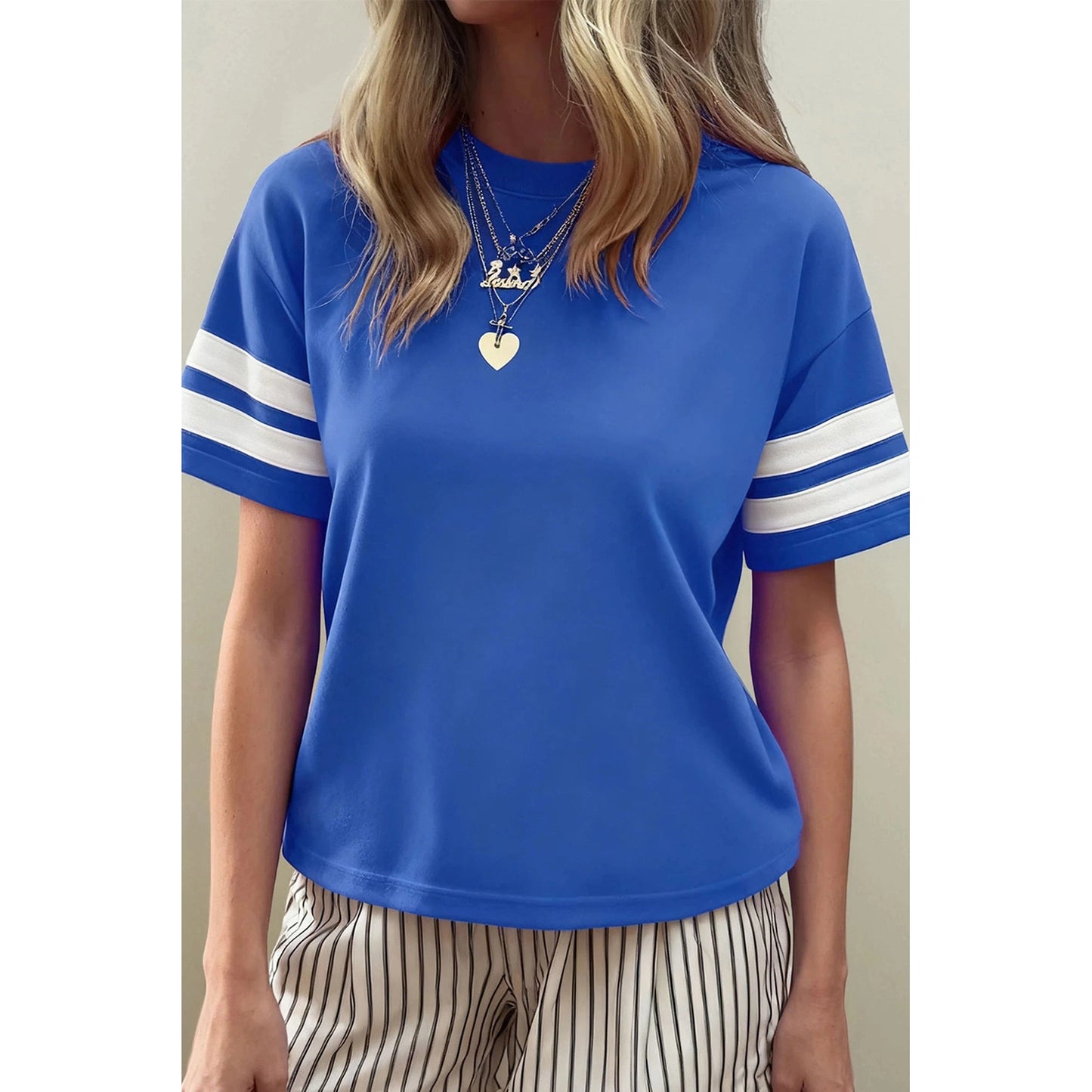 Chrisetta Dark Blue Varsity Striped Short Sleeve Crew Neck T Shirt