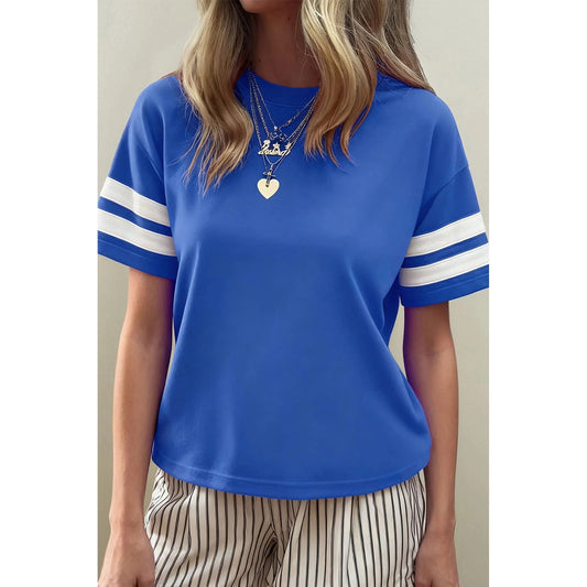 Chrisetta Dark Blue Varsity Striped Short Sleeve Crew Neck T Shirt