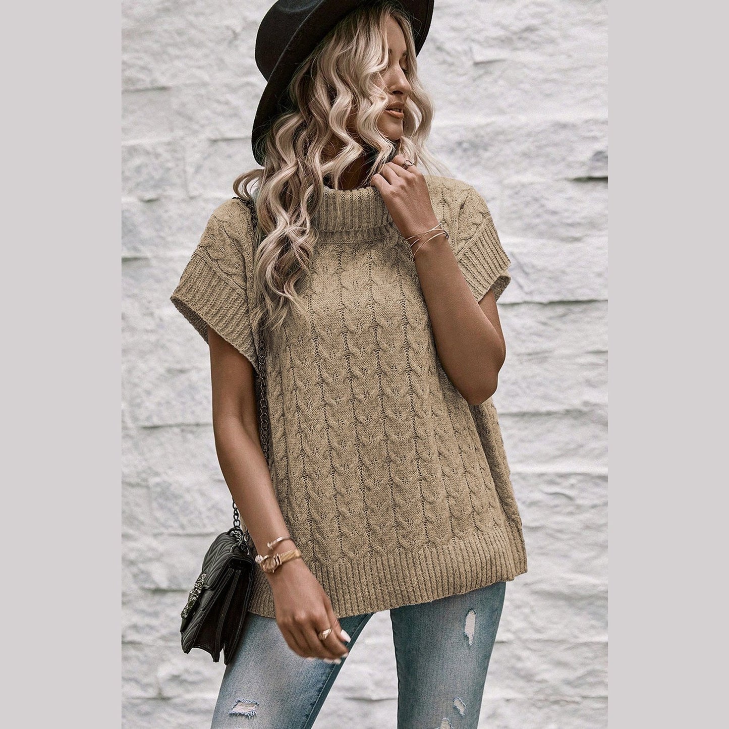 Chrisley Beige Cable Knit Turtleneck Batwing Sleeve Sweater