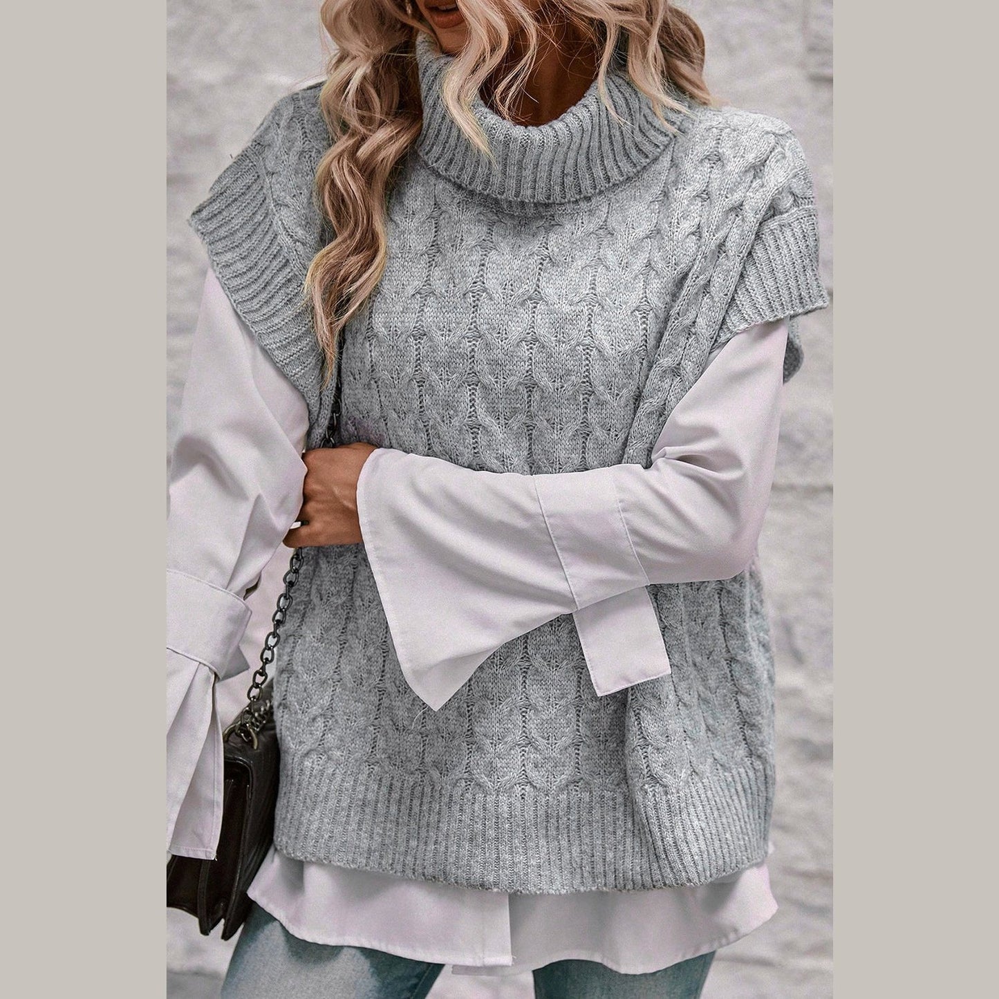 Chrisley Grey Cable Knit Turtleneck Batwing Sleeve Sweater