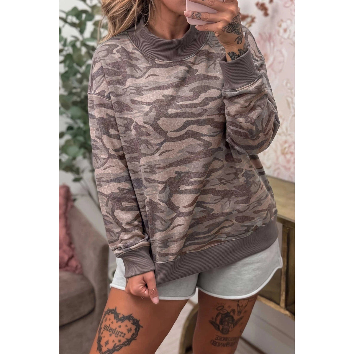 Chrissie Camouflage Print Mock Neck Casual Pullover Sweatshirt