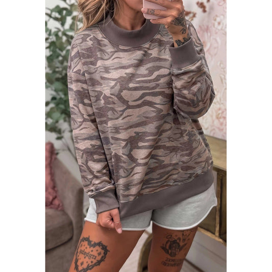 Chrissie Camouflage Print Mock Neck Casual Pullover Sweatshirt