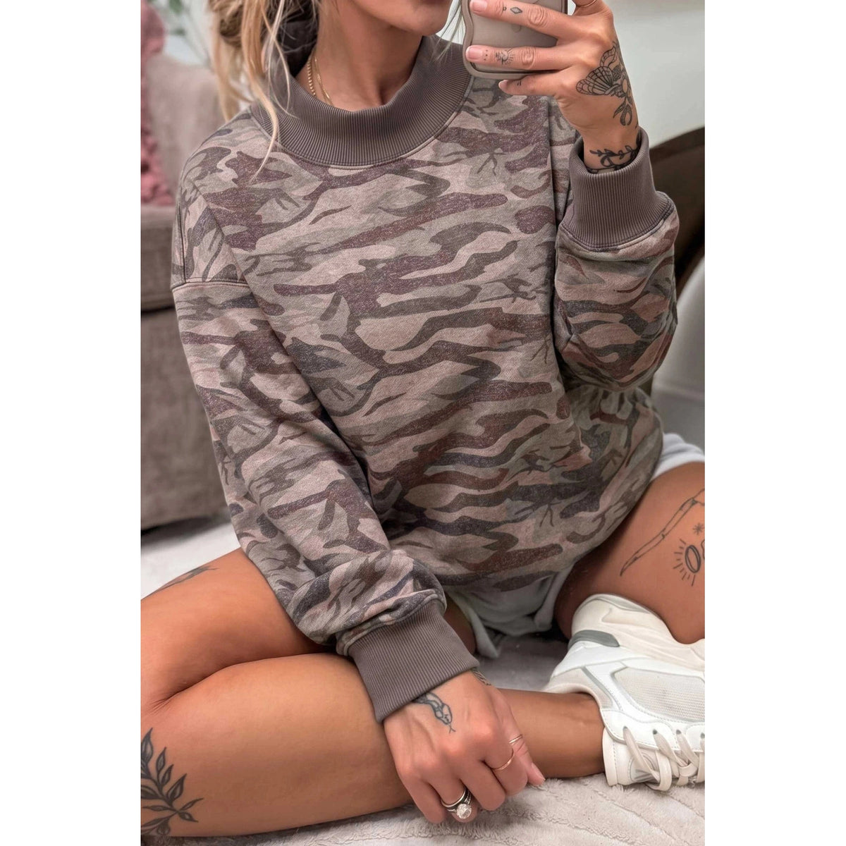 Chrissie Camouflage Print Mock Neck Casual Pullover Sweatshirt