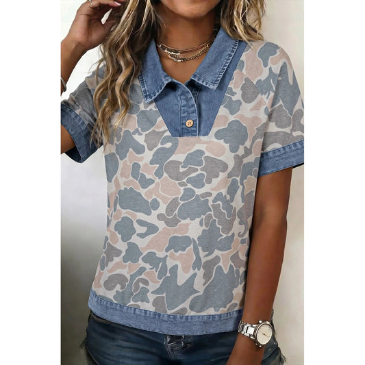 Chrissy Camouflage Print Denim Patchwork Polo Collar Tee