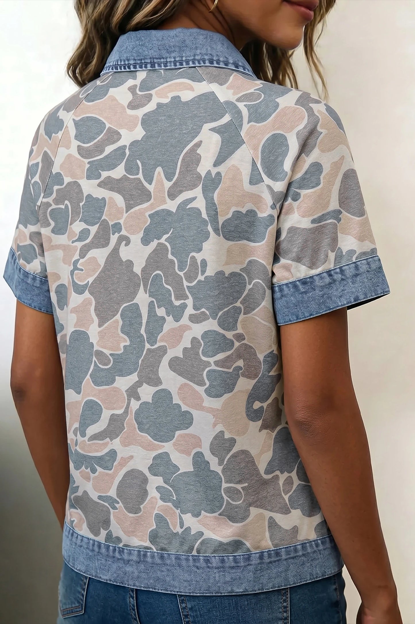 Chrissy Camouflage Print Denim Patchwork Polo Collar Tee