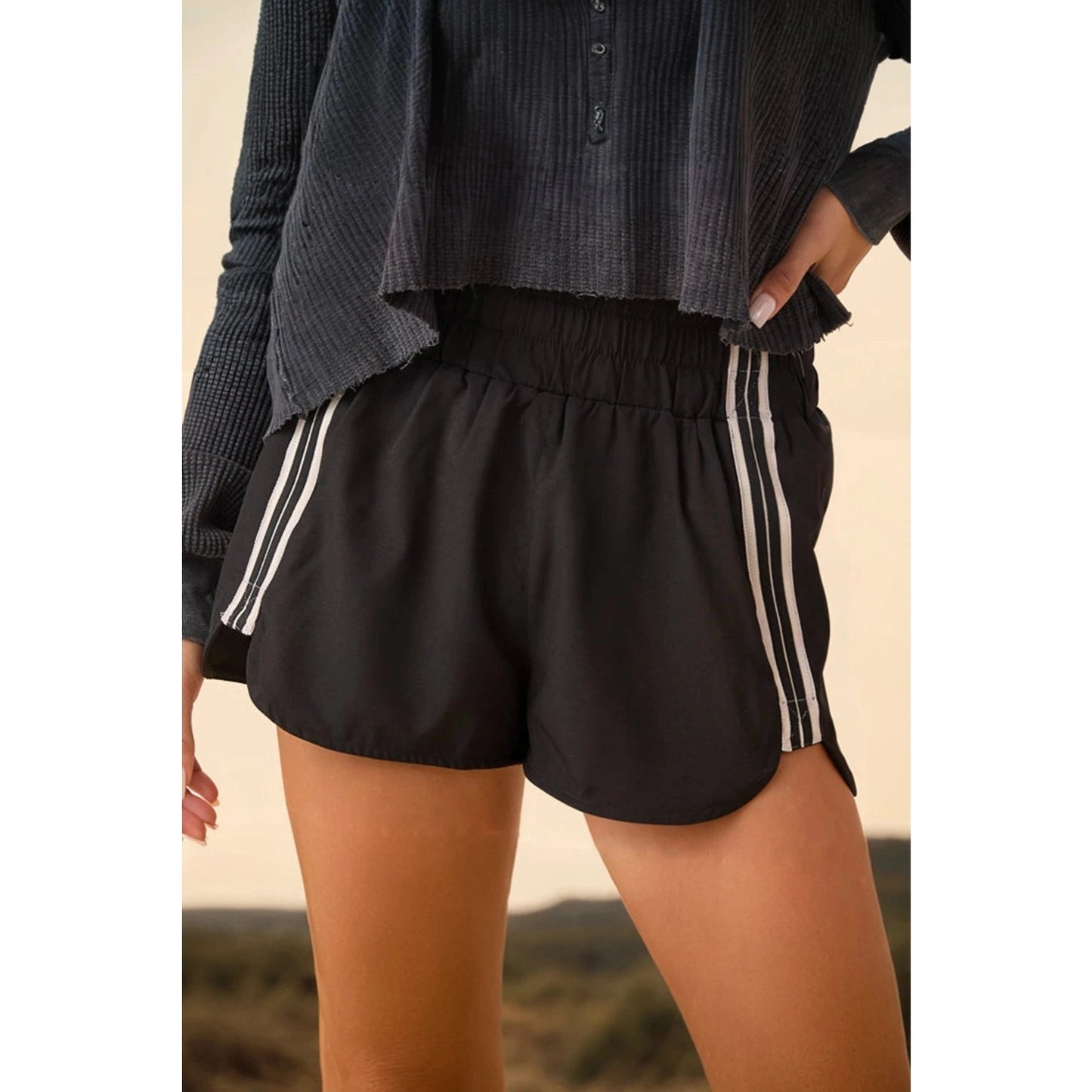 Chrysta Black Elastic Waist Varsity Striped Detail Athleisure Shorts