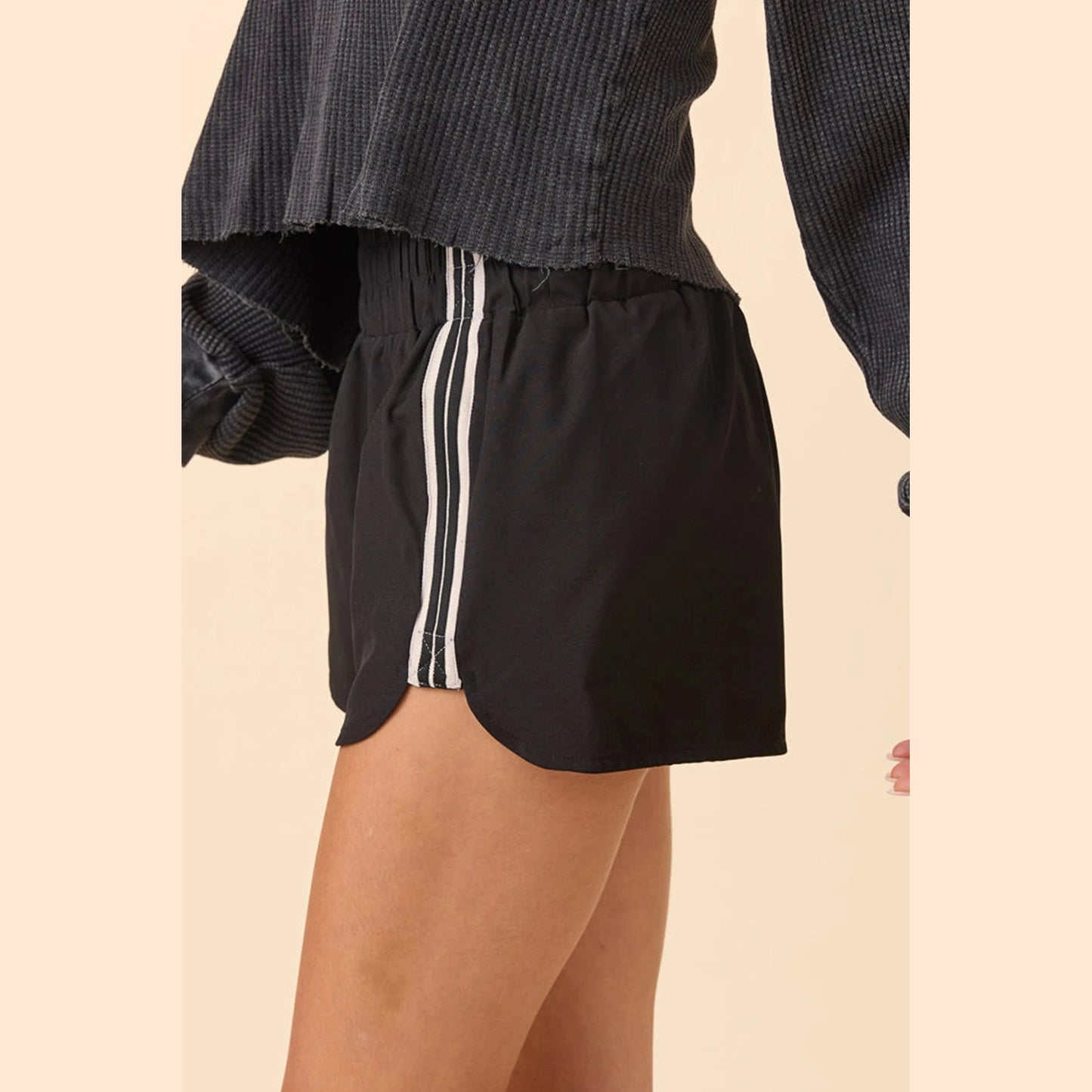 Chrysta Black Elastic Waist Varsity Striped Detail Athleisure Shorts