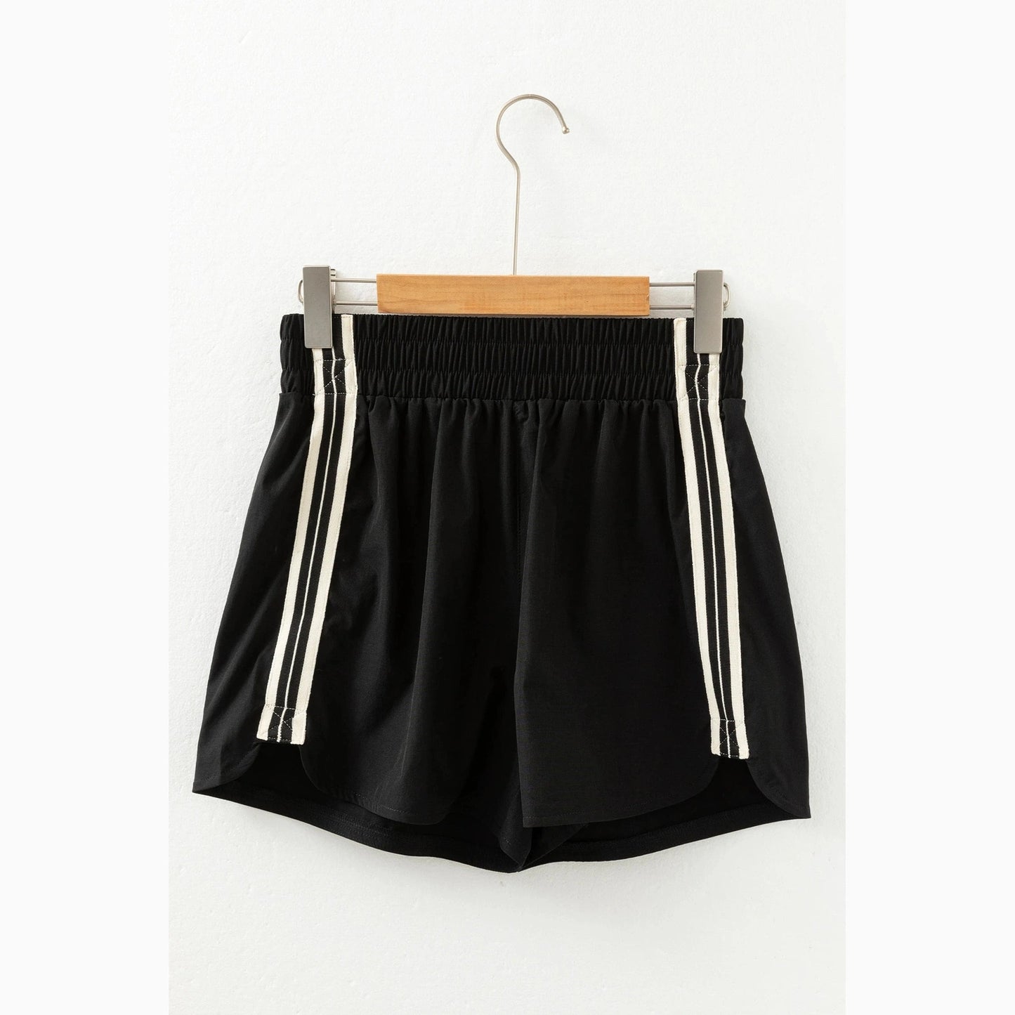 Chrysta Black Elastic Waist Varsity Striped Detail Athleisure Shorts