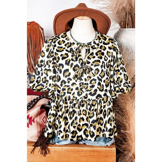 REDUCED!!!  Cinni Leopard Bubble Sleeve Bow Tie Front Peplum Blouse  REDUCED!!!