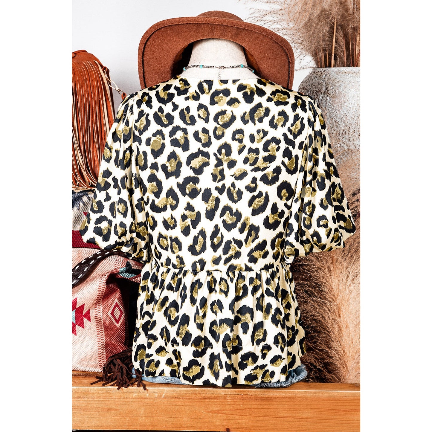 REDUCED!!!  Cinni Leopard Bubble Sleeve Bow Tie Front Peplum Blouse  REDUCED!!!