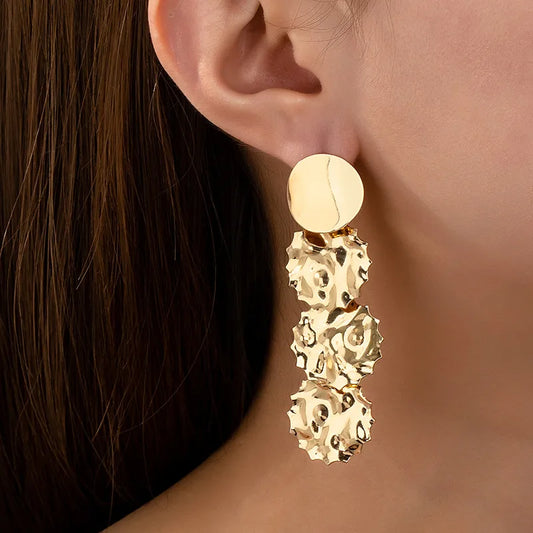 Golden Circle Hammered Drop Earrings
