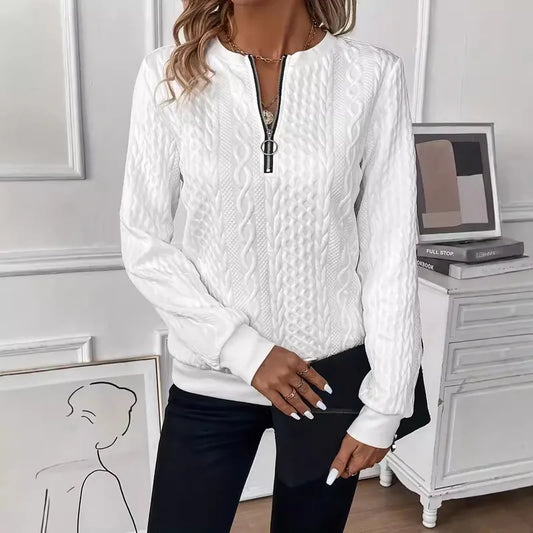 Cissie White Textured Half Zip Long Sleeve Top