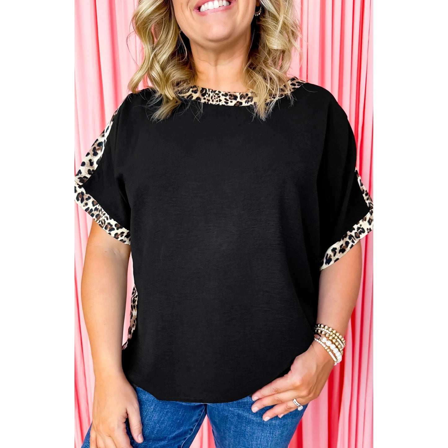 Clair Black Plus Size Leopard Patchwork Round Neck Loose Tee
