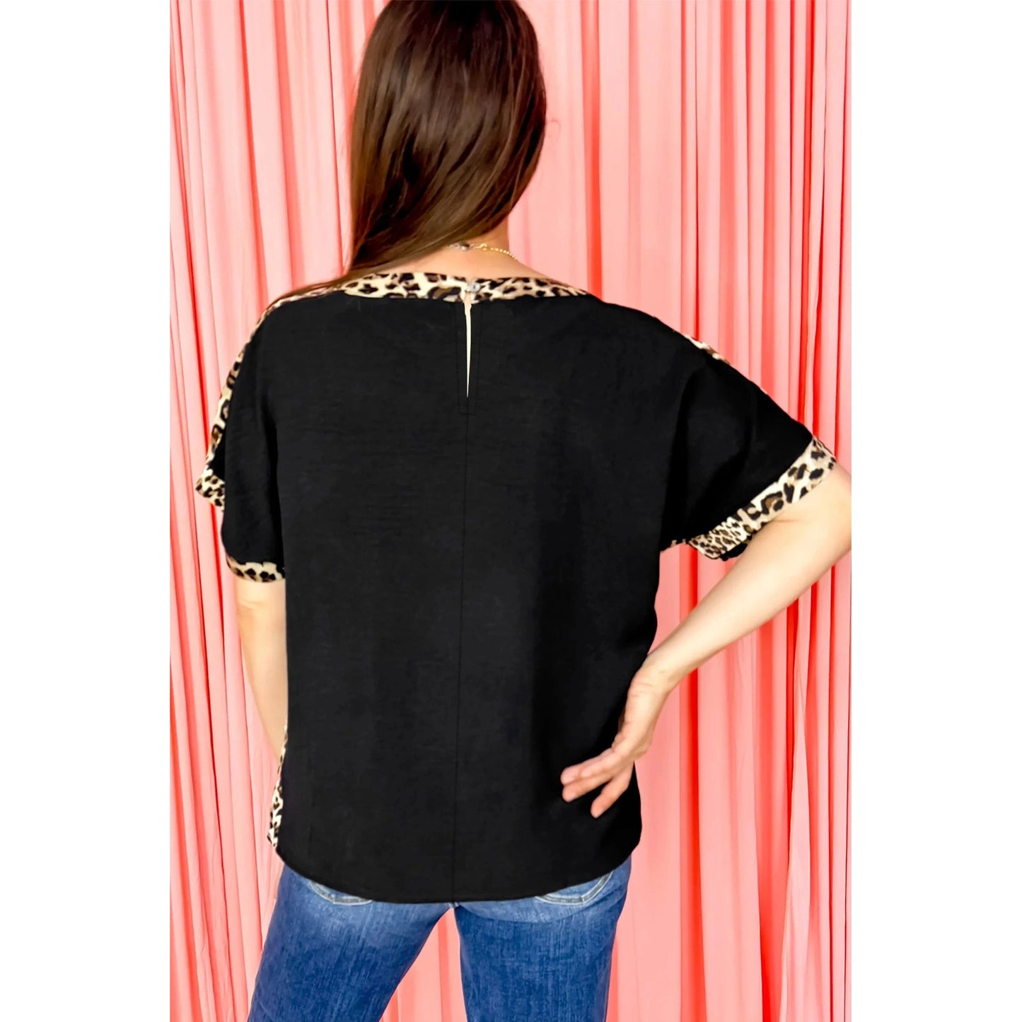 Clair Black Plus Size Leopard Patchwork Round Neck Loose Tee