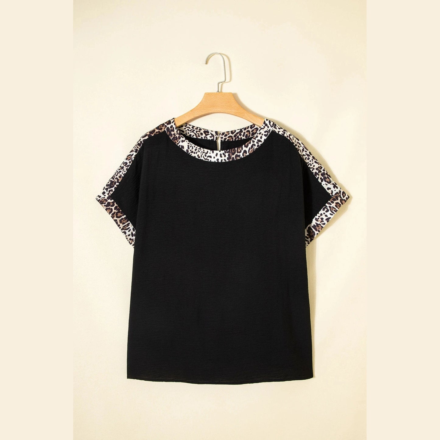 Clair Black Plus Size Leopard Patchwork Round Neck Loose Tee