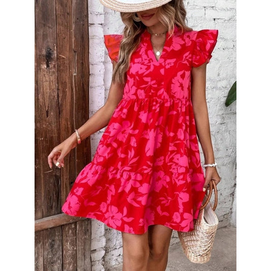 Clancy Red V Neck Short Sleeve Ruffle Dress