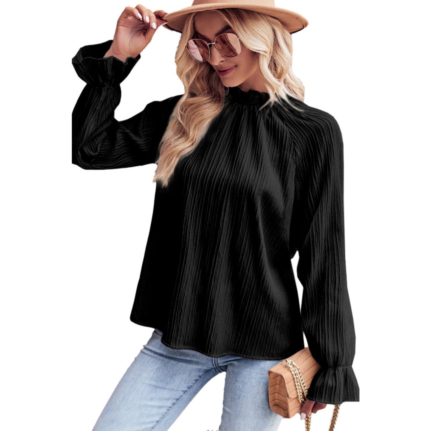 Clarabelle Black Frilled Mock Neck Ripple Bubble Sleeve Blouse