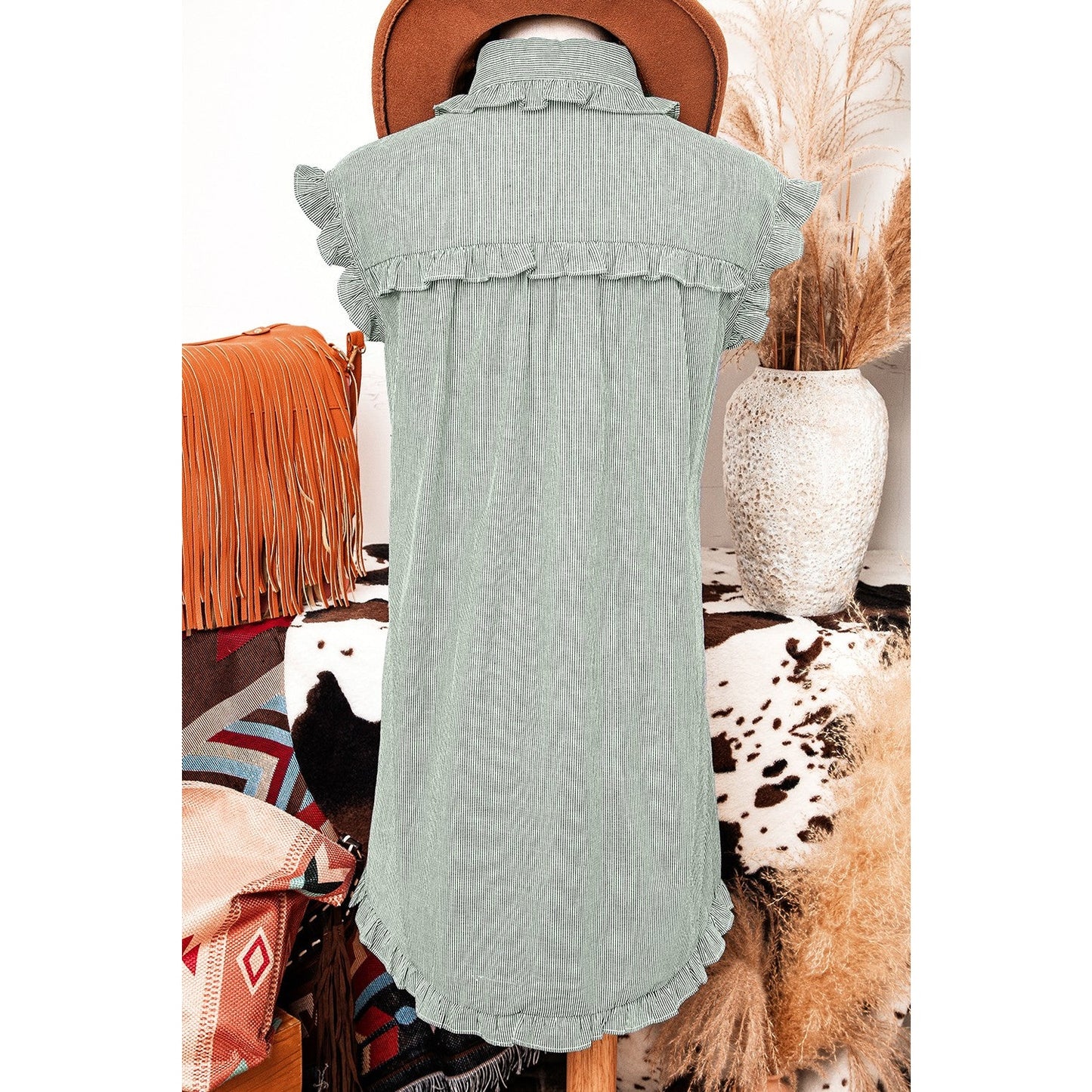 Clarabelle Green Stripe Frilled Sleeveless Collar Front Pocket Button Up Mini Dress