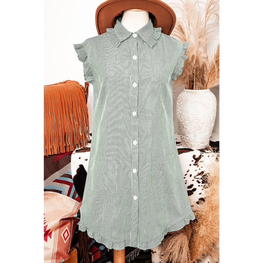 Clarabelle Green Stripe Frilled Sleeveless Collar Front Pocket Button Up Mini Dress
