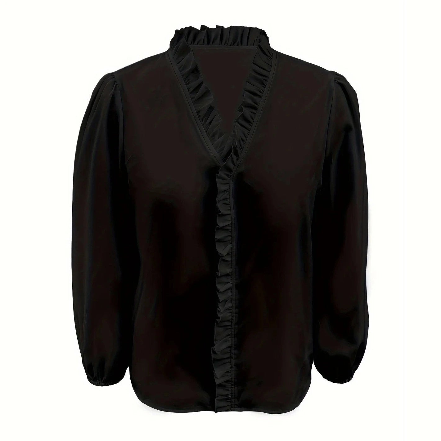 Claribel Black V Neck Ruffle Trim Blouse