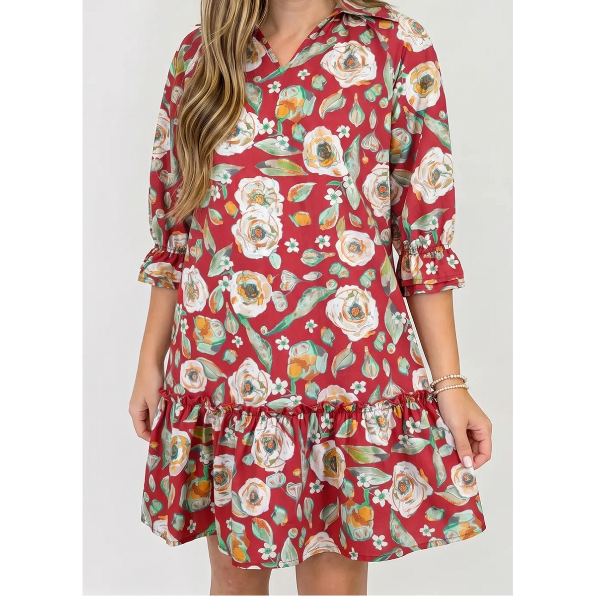 Clarita Red Floral Print Half Sleeve Short Shift Dress