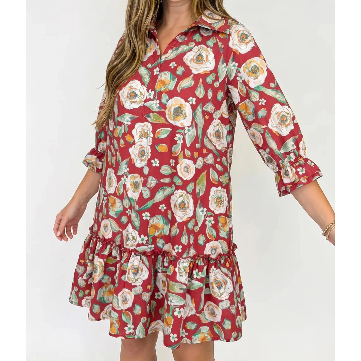 Clarita Red Floral Print Half Sleeve Short Shift Dress