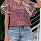 Claudeth Red Lace Trim Short Sleeve Blouse