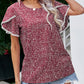 Claudeth Red Lace Trim Short Sleeve Blouse