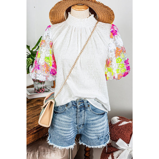 REDUCED!!!  Claudette White Smocked Collar Sequin Flower Puff Sleeve Textured Top  REDUCED!!!