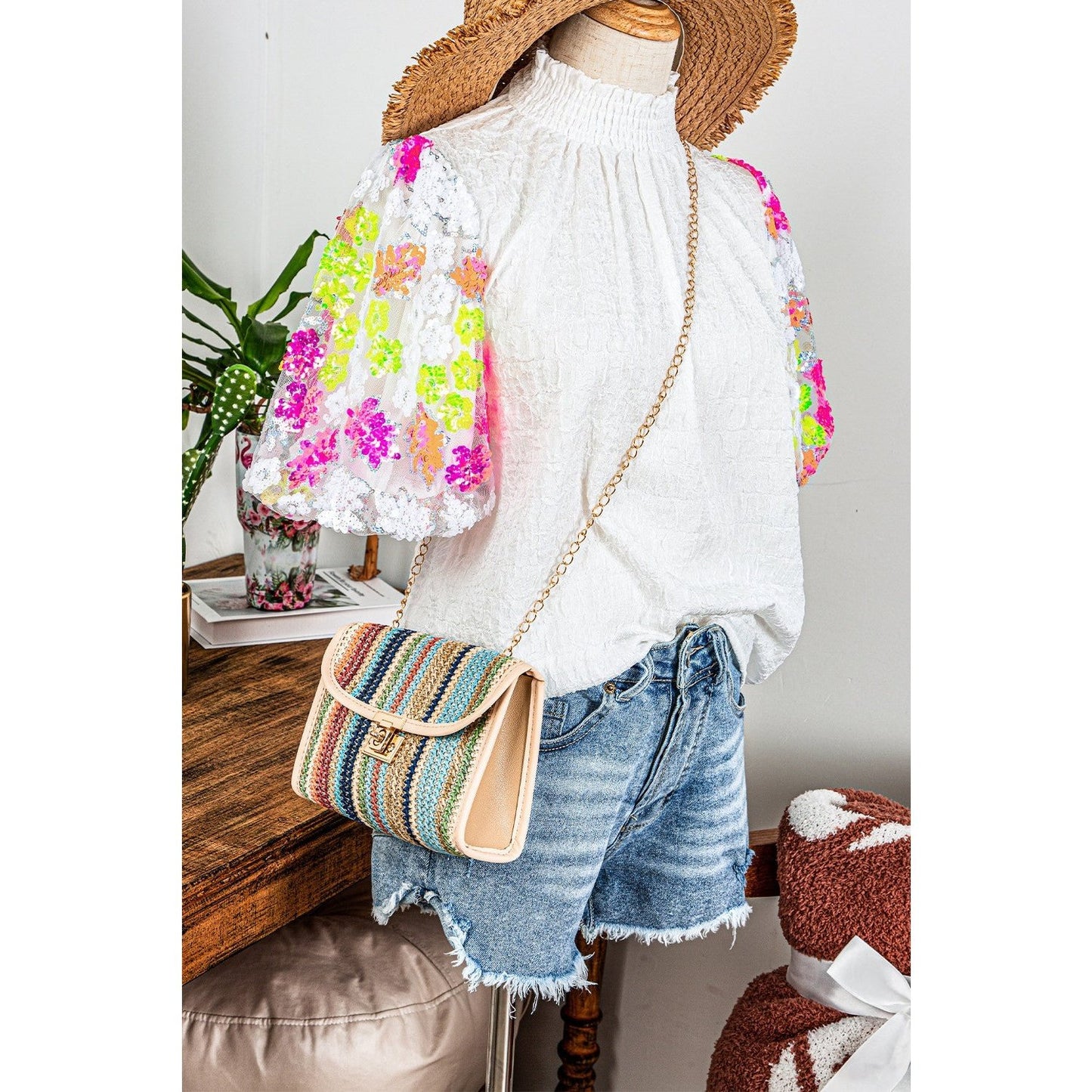 REDUCED!!!  Claudette White Smocked Collar Sequin Flower Puff Sleeve Textured Top  REDUCED!!!