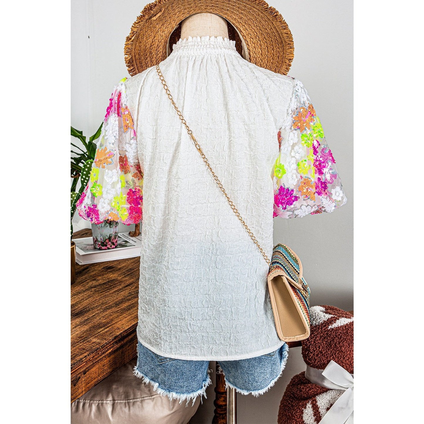 REDUCED!!!  Claudette White Smocked Collar Sequin Flower Puff Sleeve Textured Top  REDUCED!!!