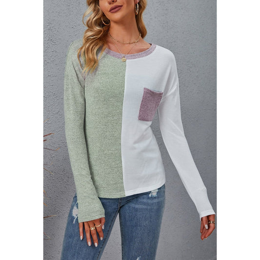 Claudette Green Color Block Round Neck Top with Pocket