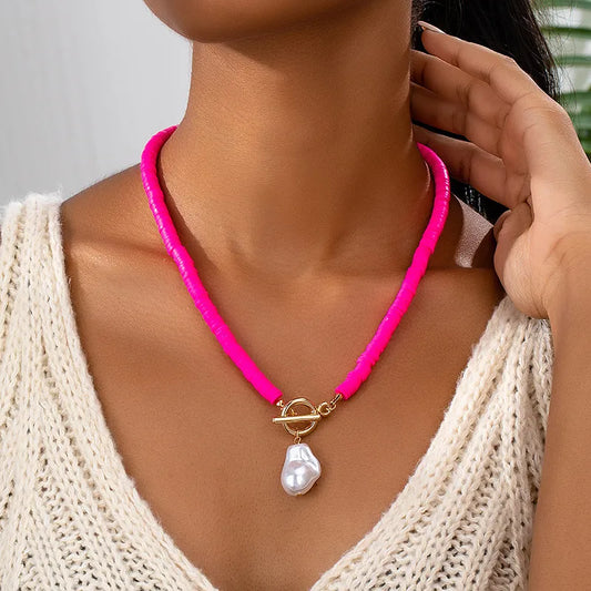 Hot Pink Clay Necklace with Faux Pearl Pendant