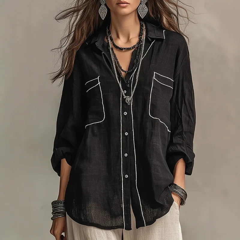 Clementine Black Contrast Piped Button‑Up Blouse