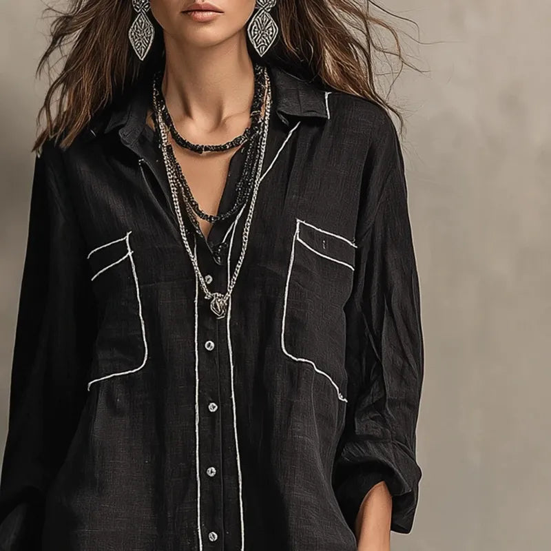 Clementine Black Contrast Piped Button‑Up Blouse
