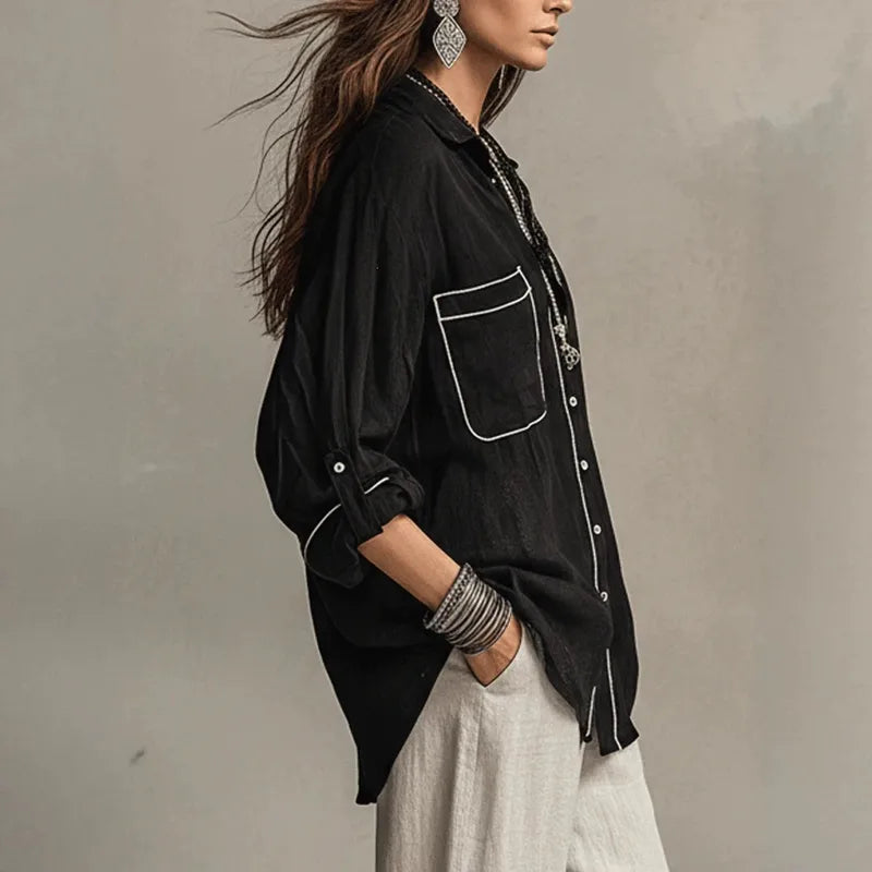 Clementine Black Contrast Piped Button‑Up Blouse