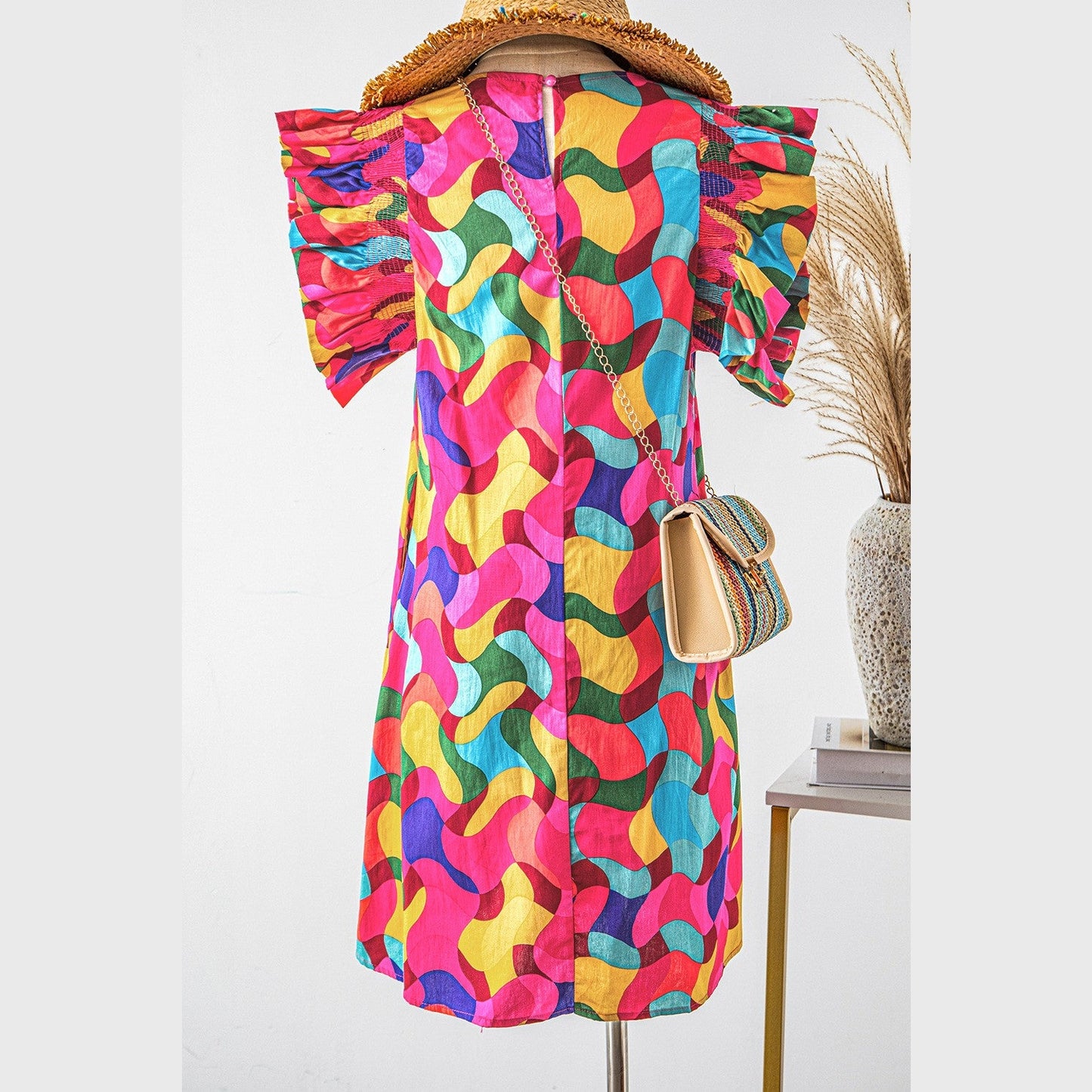 Clementina Abstract Print Ruffle Sleeve Shift Dress