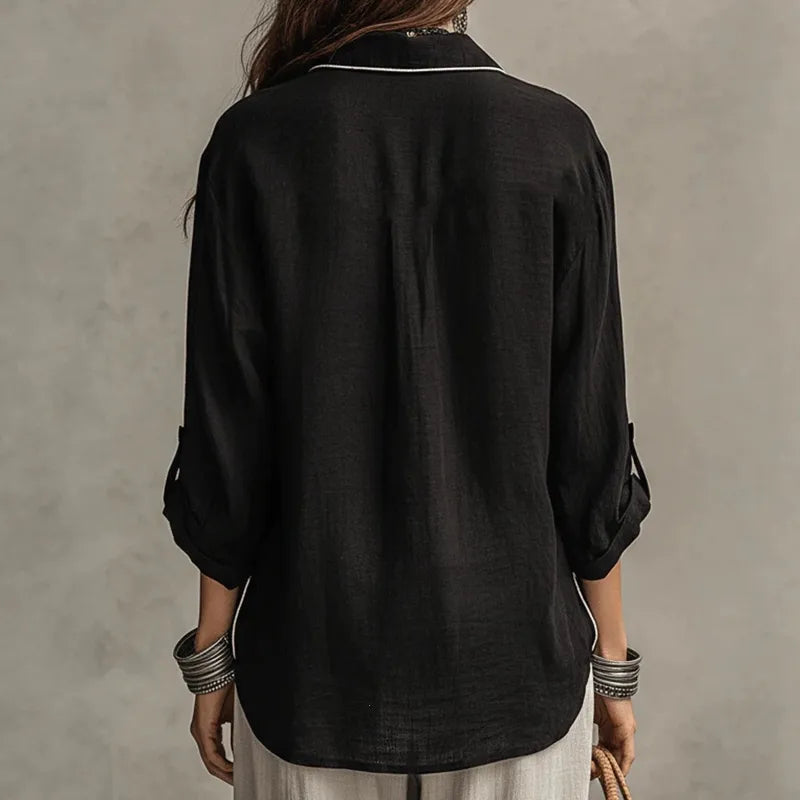 Clementine Black Contrast Piped Button‑Up Blouse