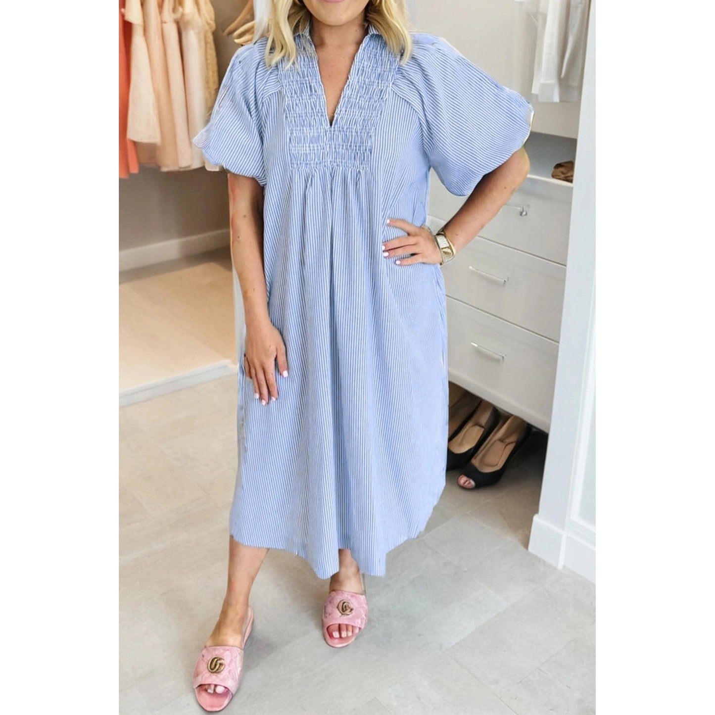 Evita Sky Blue Stripe Shirred Detail Collar V Neck Plus Size Midi Dress
