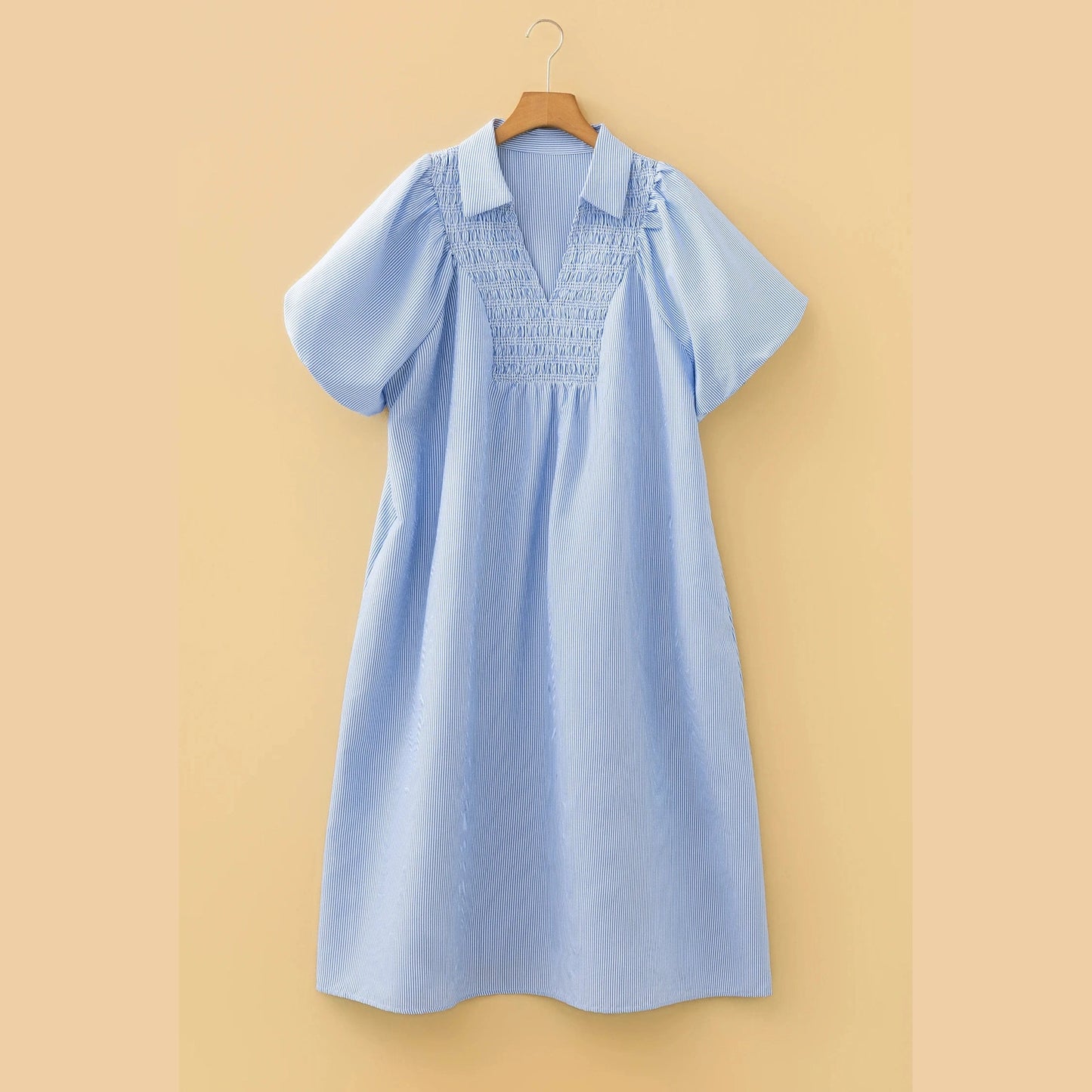 Evita Sky Blue Stripe Shirred Detail Collar V Neck Plus Size Midi Dress