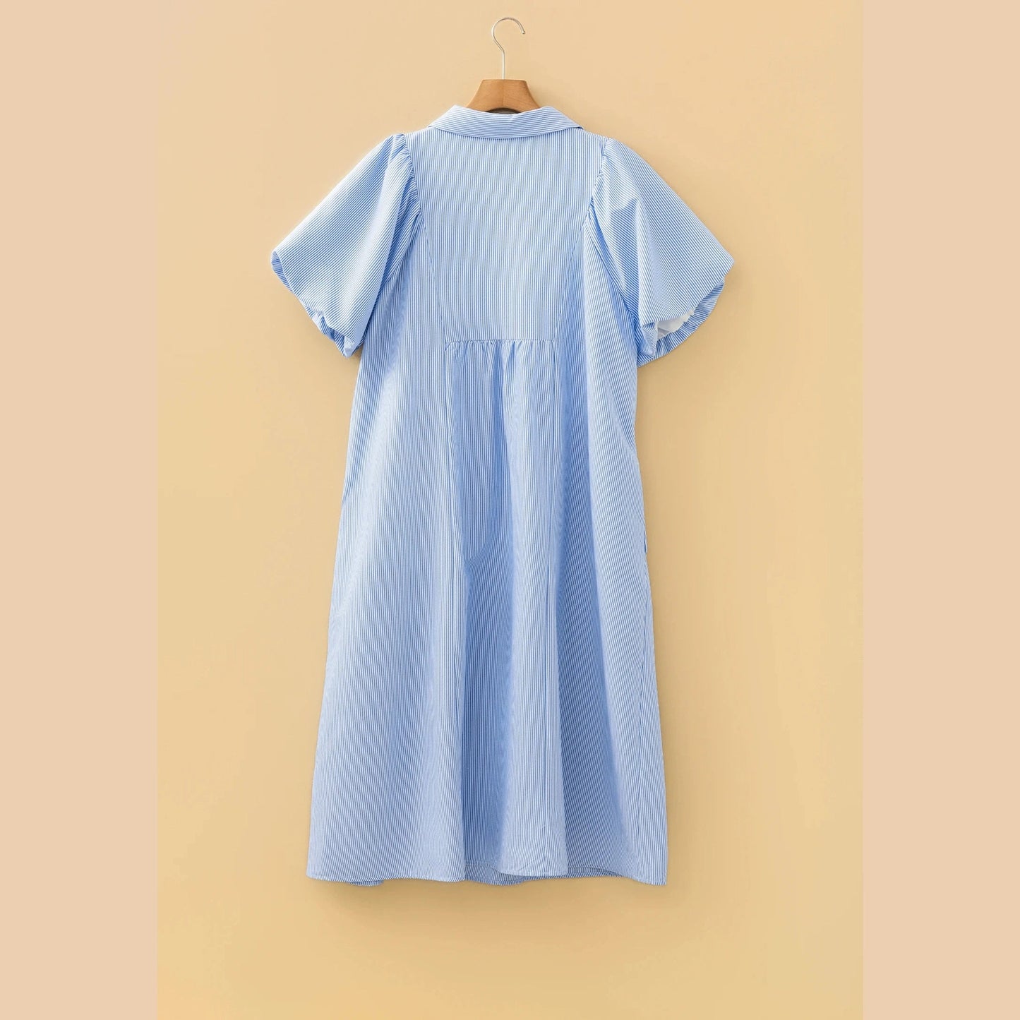 Evita Sky Blue Stripe Shirred Detail Collar V Neck Plus Size Midi Dress